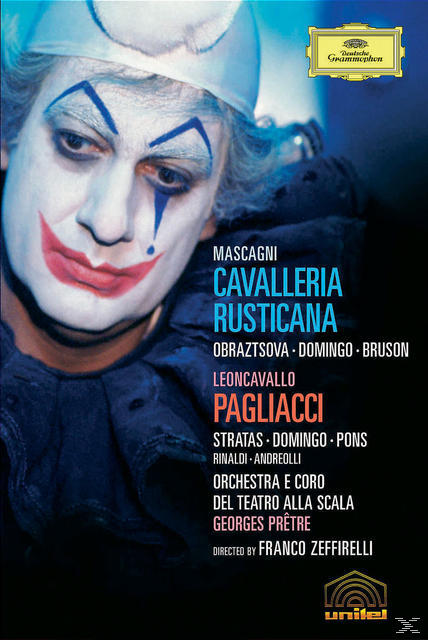Opernplakat: Mann mit geschminktem Gesicht, Text 'Cavalleria Rusticana' und Namen der Darsteller.