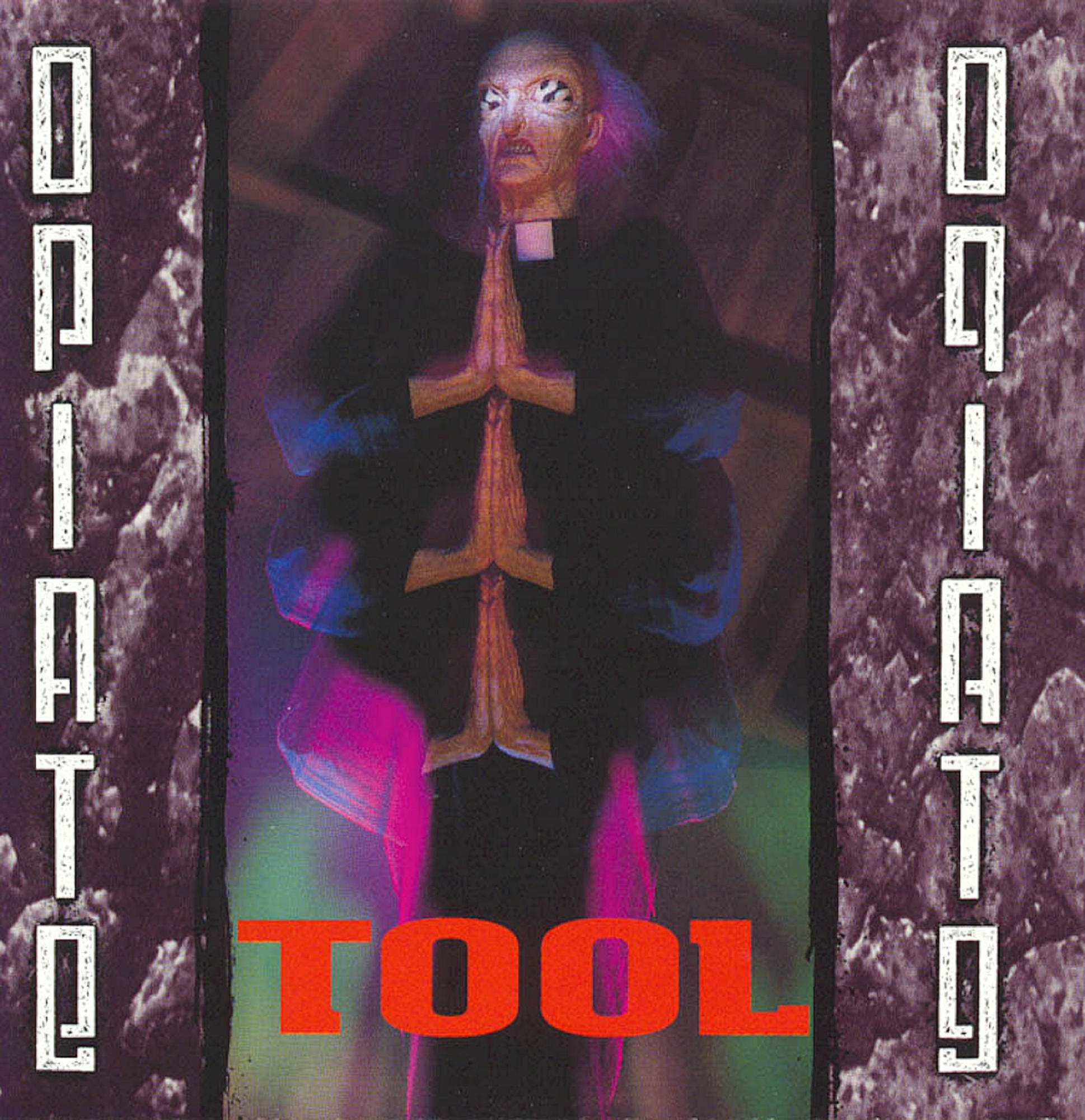 Albumcover für Tool's 'Opiate'. Figur mit gefalteten Händen, TOOL in Rot, lila und schwarzem Hintergrund.