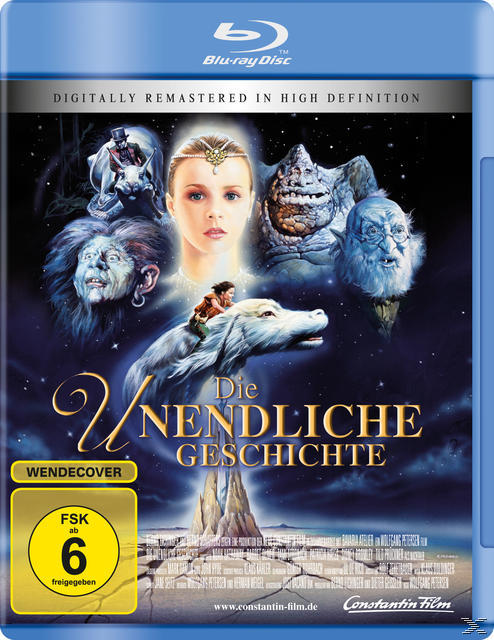 DVD-Cover von The NeverEnding Story. Fantasieszene mit Charakteren und blauem Rahmen.
