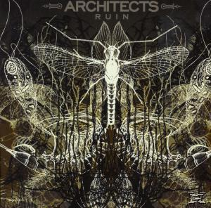 Albumcover: Architects, Ruin, insektenartige Grafik, schwarzer Hintergrund, weiße Linien und Text.