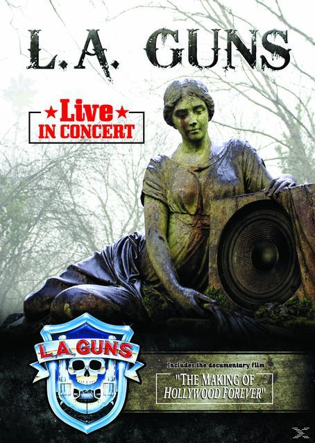 DVD-Cover mit einer Statue, einem Lautsprecher und dem Bandnamen L.A. Guns, die ein Konzert bewerben.