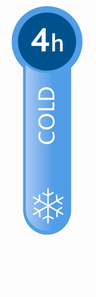 Ein blauer Balken mit '4h' oben und 'COLD' vertikal mit einem Schneeflocken-Symbol unten.