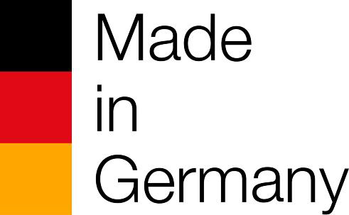 Die deutsche Flagge und die Worte "Made in Germany" in schwarzer Schrift.