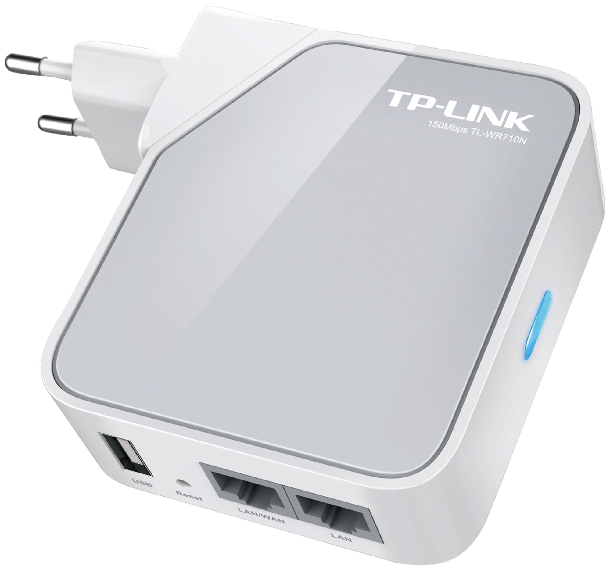 Weißer und grauer TP-Link-Router mit USB, LAN-Anschlüssen und Netzstecker.