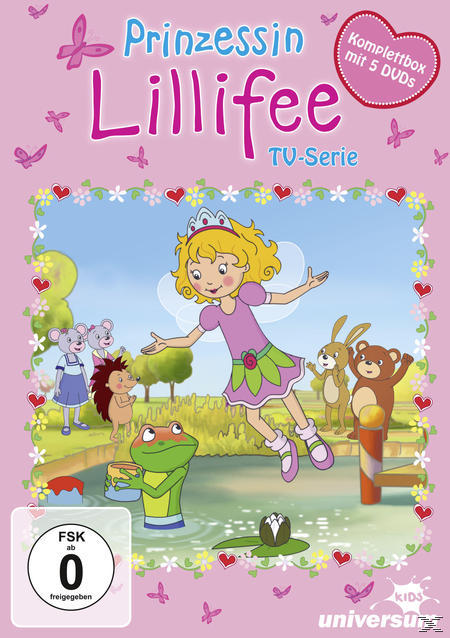 DVD-Cover mit Zeichentrickfiguren. Prinzessin Lillifee und Freunde sind an einem Teich.