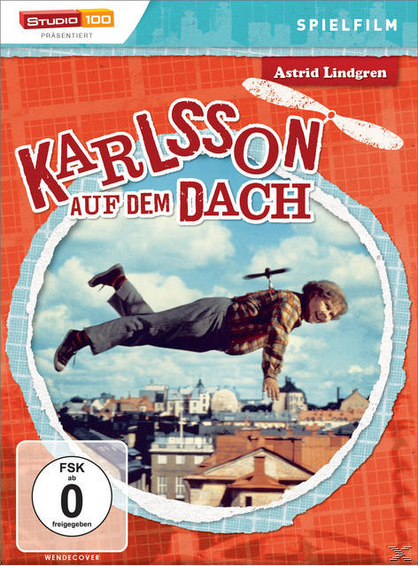 Ein Cartoon-Bild eines Buchcovers, Films, mit einem Jungen, der mit Propellern fliegt.