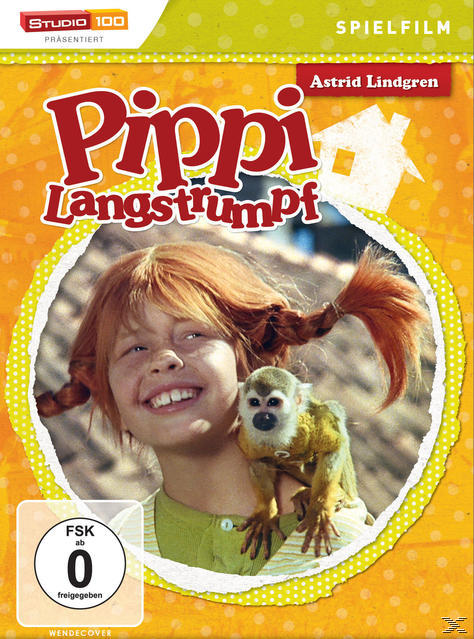 Mädchen mit Zöpfen und Affe auf der Schulter. Pippi Langstrumpf Text.