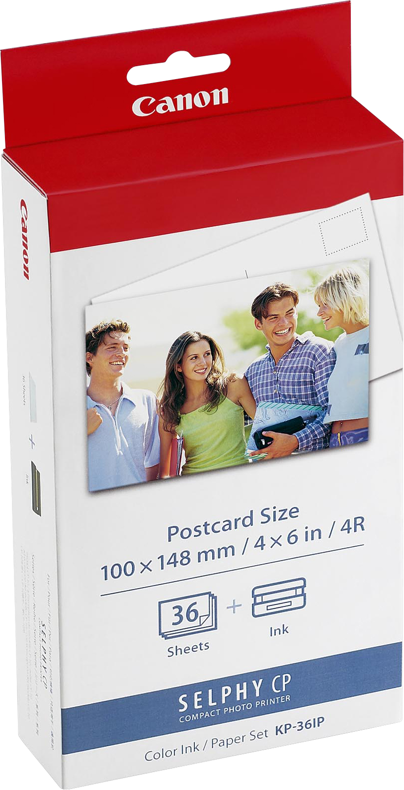 Canon Selphy CP Kompakt-Fotodrucker-Papierpackung mit Foto von Personen.