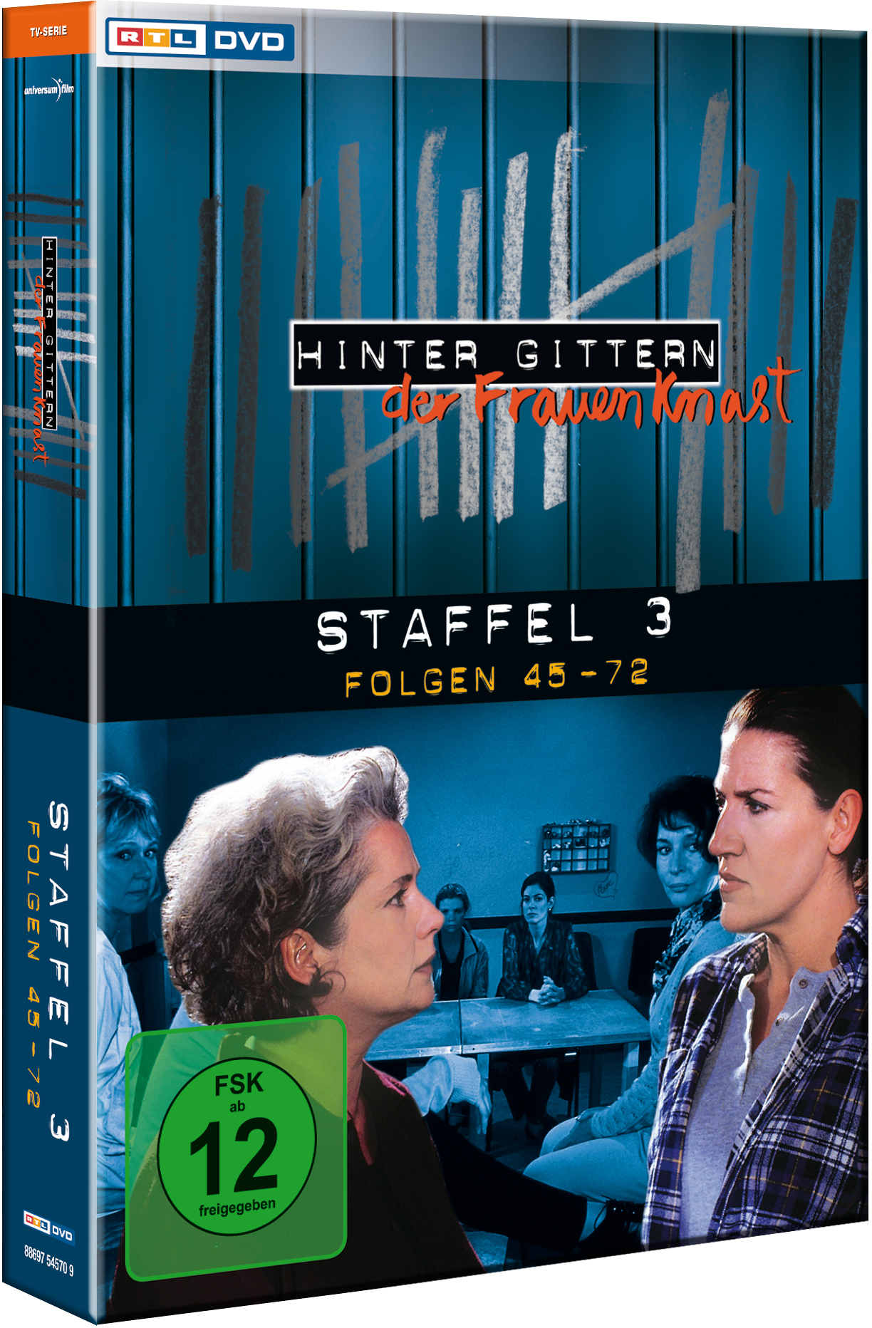 DVD-Cover: 'Hinter Gittern - Der Frauenknast'. Frauen in einer Gefängnisszene. Titel in Orange auf blauem Hintergrund.