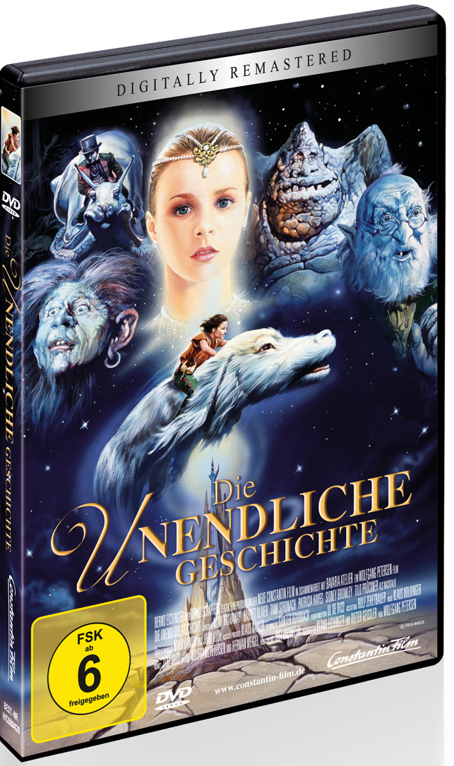 DVD-Cover von Die unendliche Geschichte, mit einem Mädchen und einem Jungen auf einem Drachen, Fantasy-Szene.