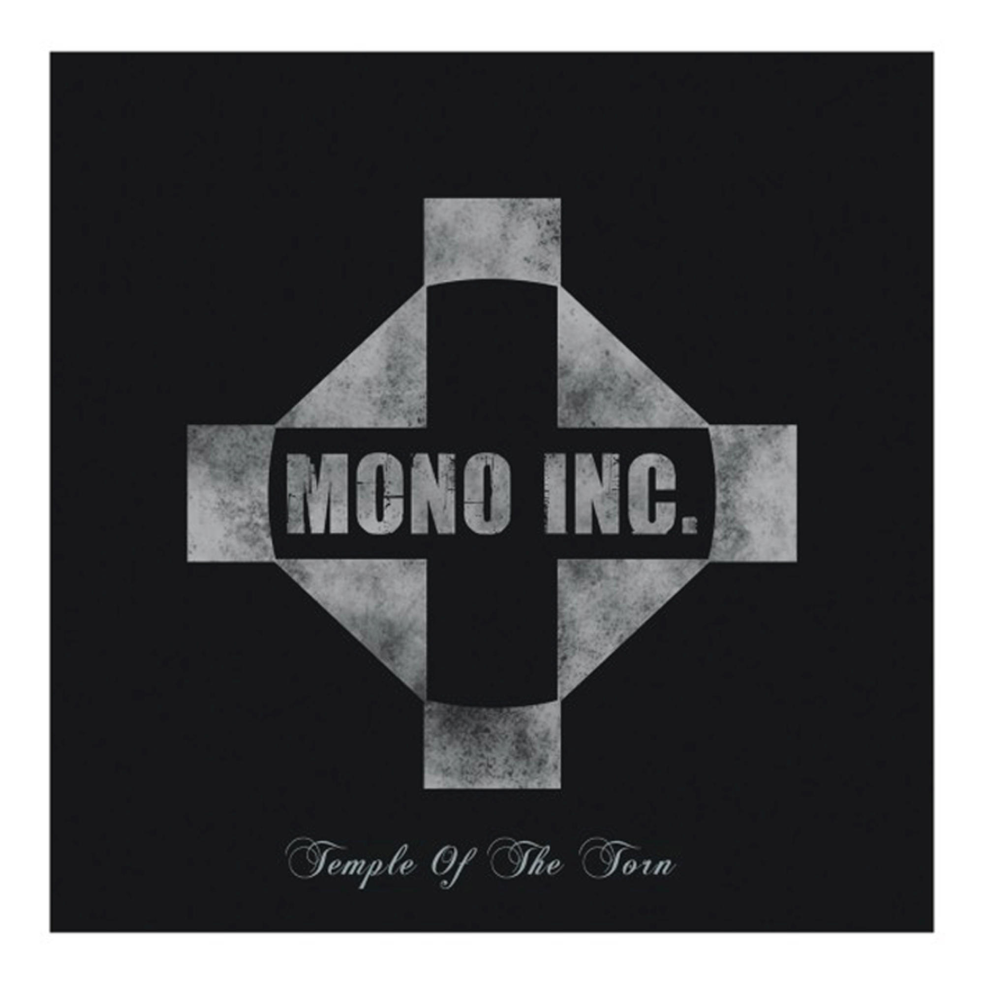 Albumcover von 'Temple of the Torn' von Mono Inc., mit einem Kreuzdesign auf Schwarz.