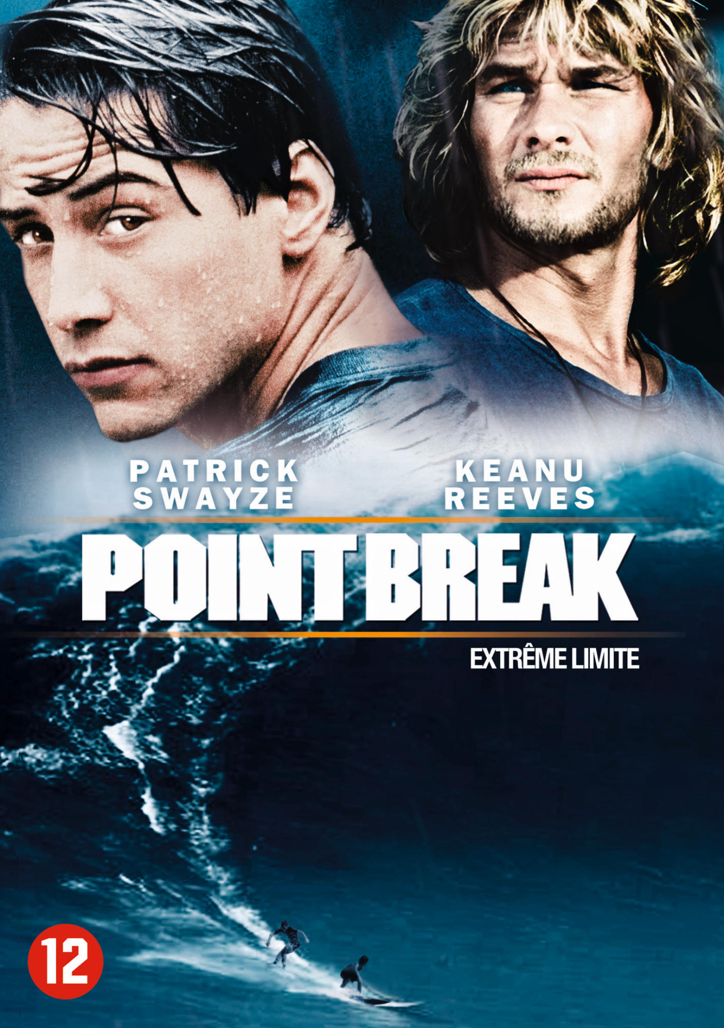 Jaquette DVD : Deux hommes, Keanu Reeves et Patrick Swayze, sur fond bleu. Titre : Point Break.