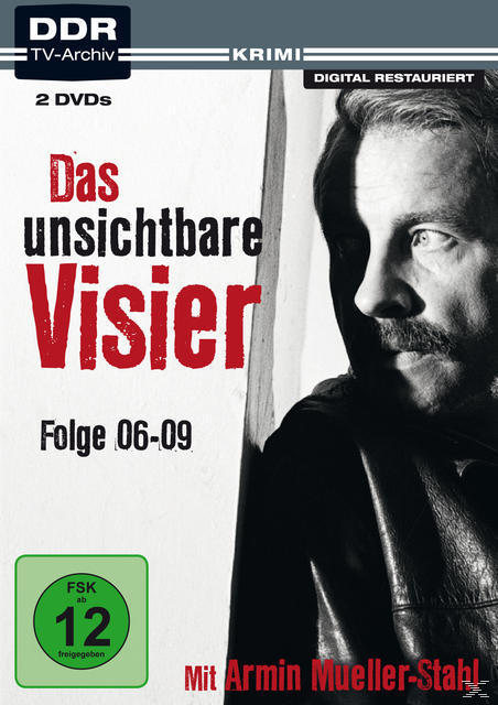 DVD-Cover: Ein Mann mit Schnurrbart, der Titel „Das unsichtbare Visier“ und eine Bewertung.