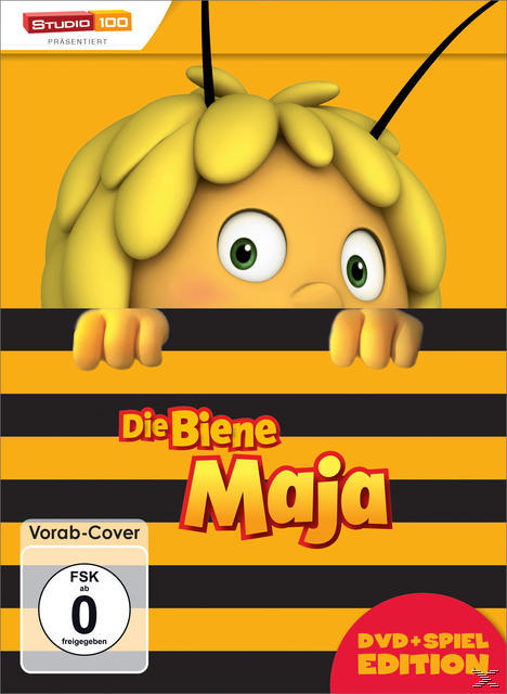 Ein DVD-Cover mit einer Zeichentrickbiene, 'Die Biene Maja', mit gelben und schwarzen Streifen.