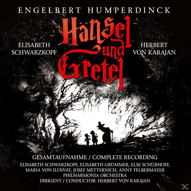 Eine dunkle Illustration von Hänsel und Gretel in einer Waldszene. Roter Text.