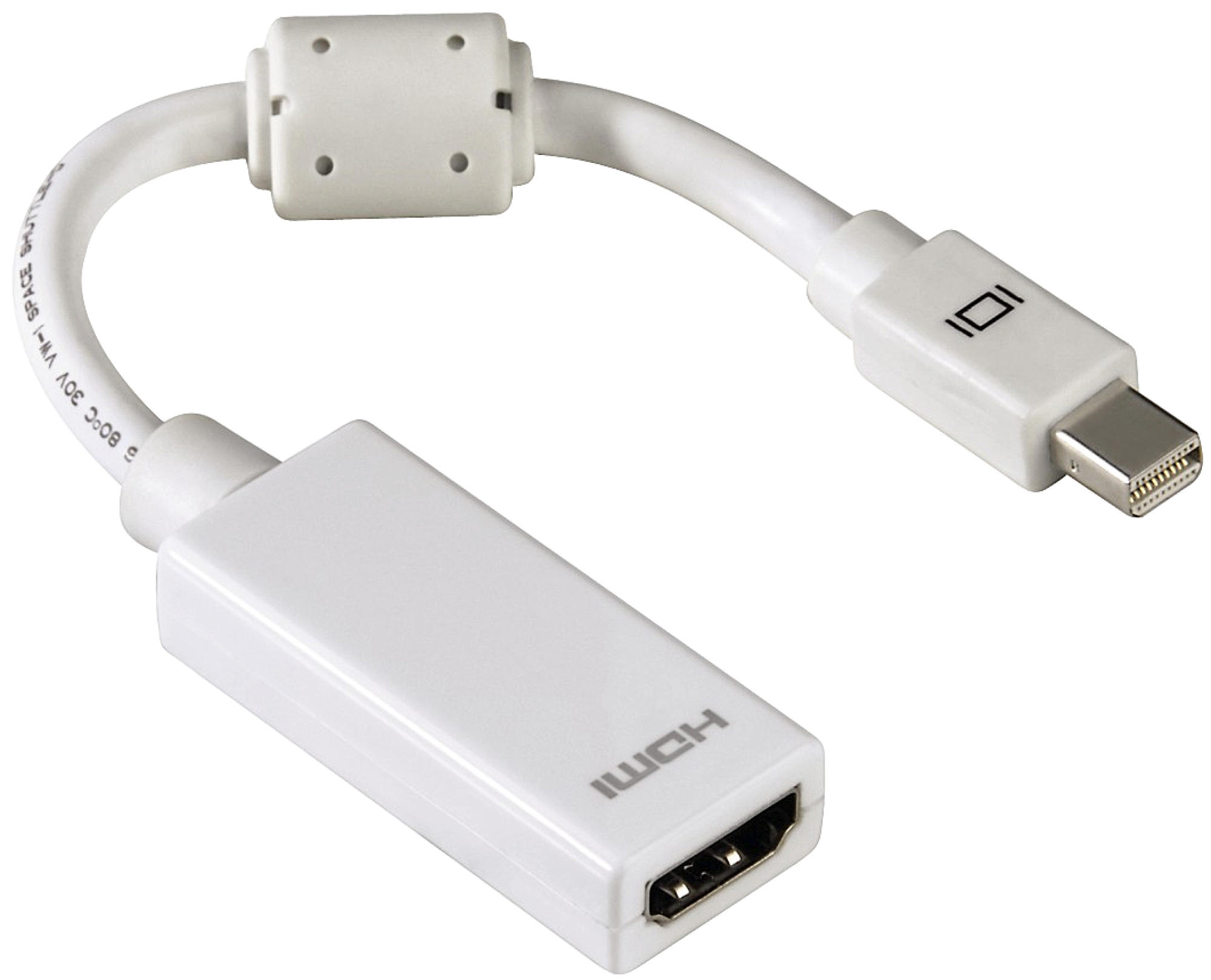 Weißes HDMI-zu-Mini-DisplayPort-Adapterkabel auf weißem Hintergrund.