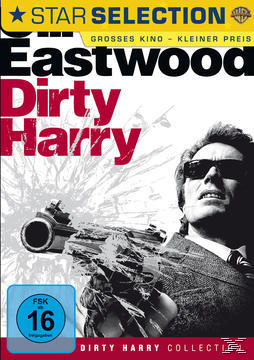 Dirty Harry Filmcover. Clint Eastwood mit einer Waffe, mit Titel und Warner Bros. Logo.