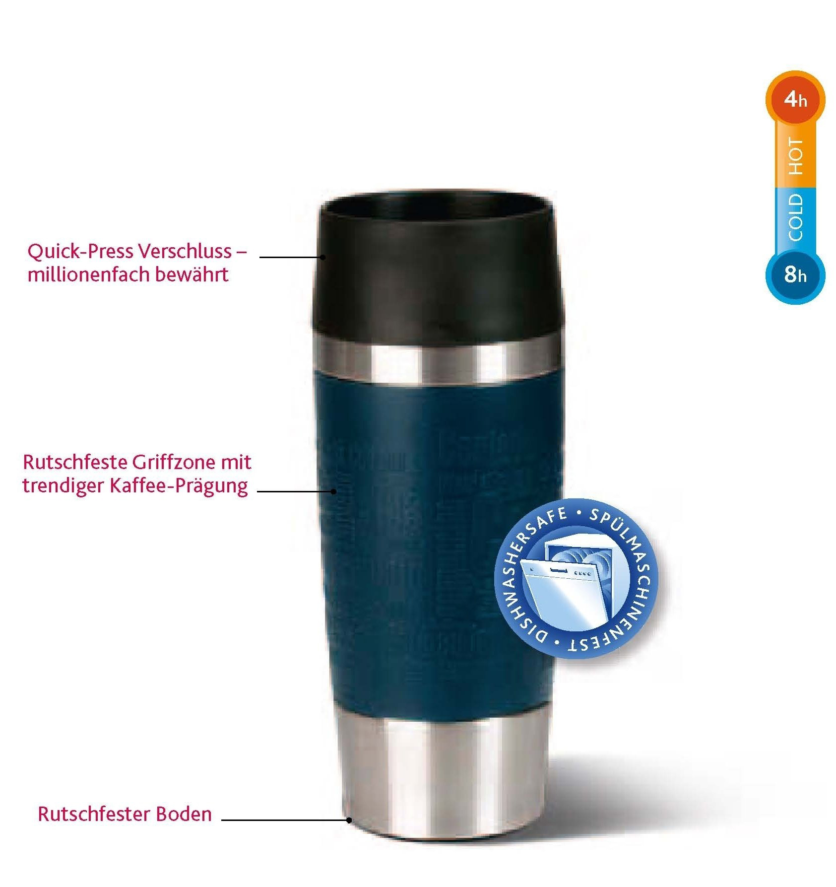 Ein blau-silberner isolierter Reisebecher mit Etiketten, die die Warm-/Kalt-Dauer anzeigen.