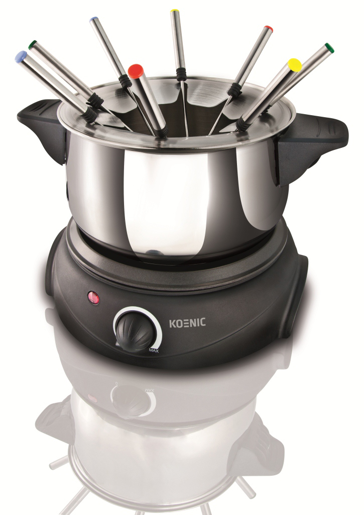 Ein Fondue-Set mit schwarzem Sockel und einem Edelstahl-Topf, umgeben von Gabeln.
