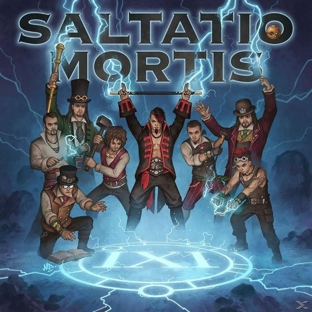 Saltatio Mortis Albumcover. Acht Personen stehen im Zentrum. Sie stehen mit elektrischen Funken um sich herum.