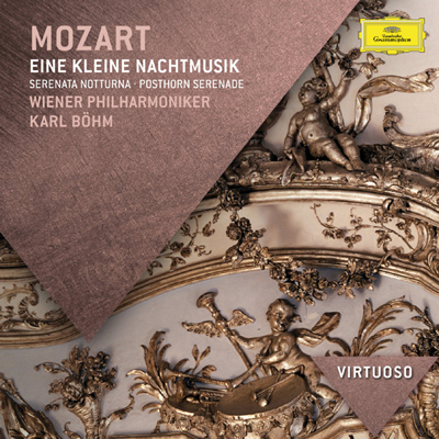 Mozart Eine Kleine Nachtmusik album borító. Arany-barna textúrájú dizájn zenei témával.