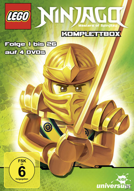 LEGO Ninjago DVD-Cover mit einem goldenen Ninja, der ein Schwert hält.
