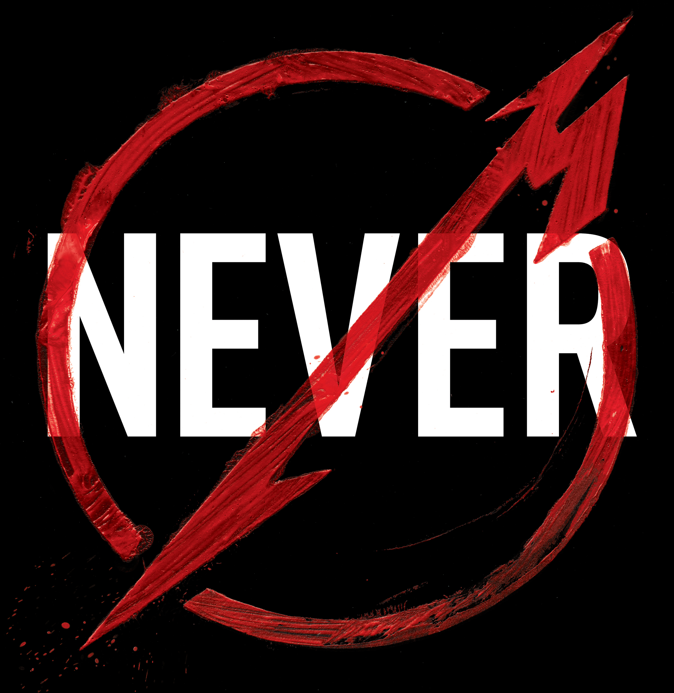 Schwarzer Hintergrund mit rotem kreisförmigem Design und dem weißen Wort "NEVER" in der Mitte.