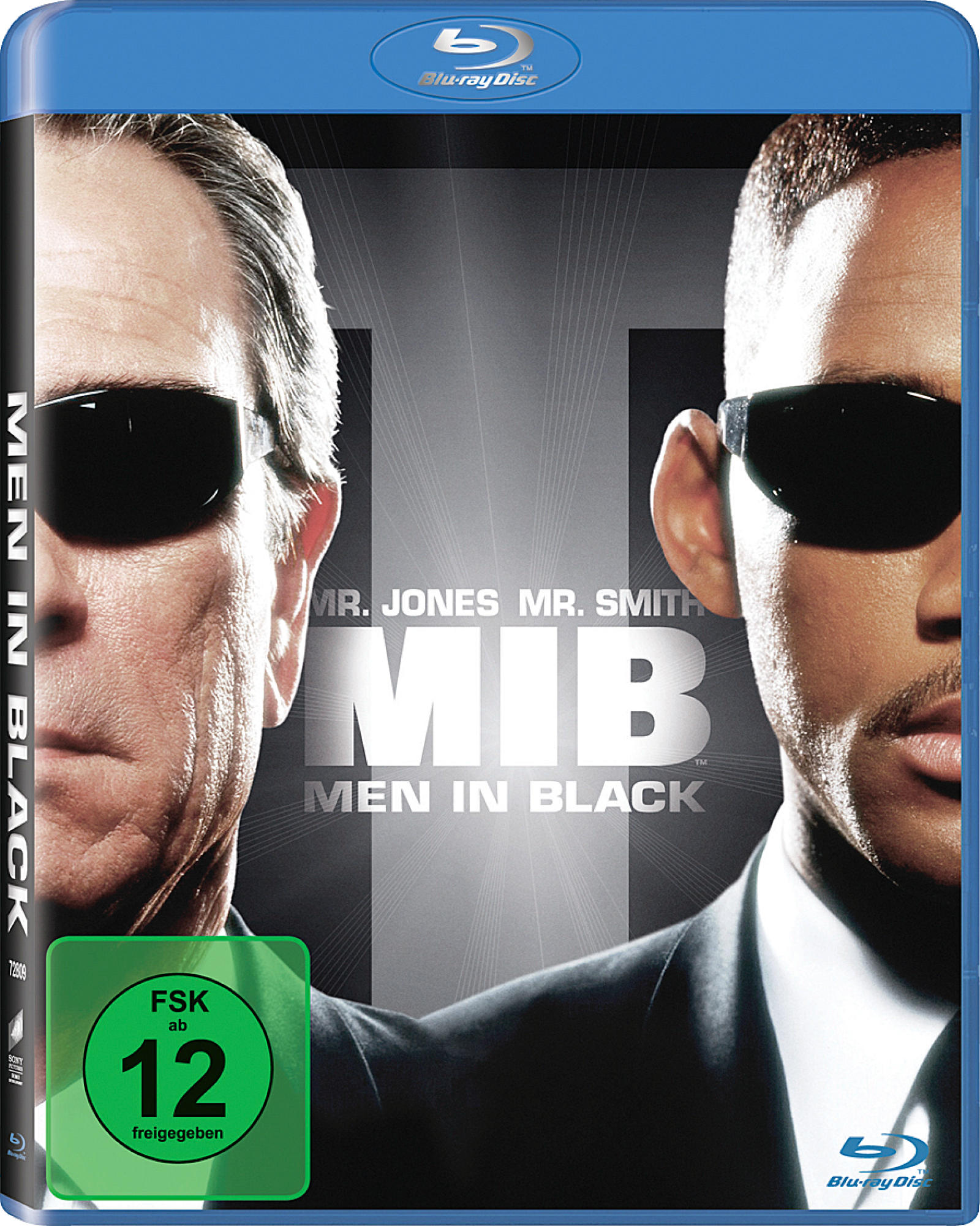 Blu-ray-Disc-Hülle. Zwei Männer in schwarzen Anzügen und Sonnenbrillen. Titel: 'Men in Black'.