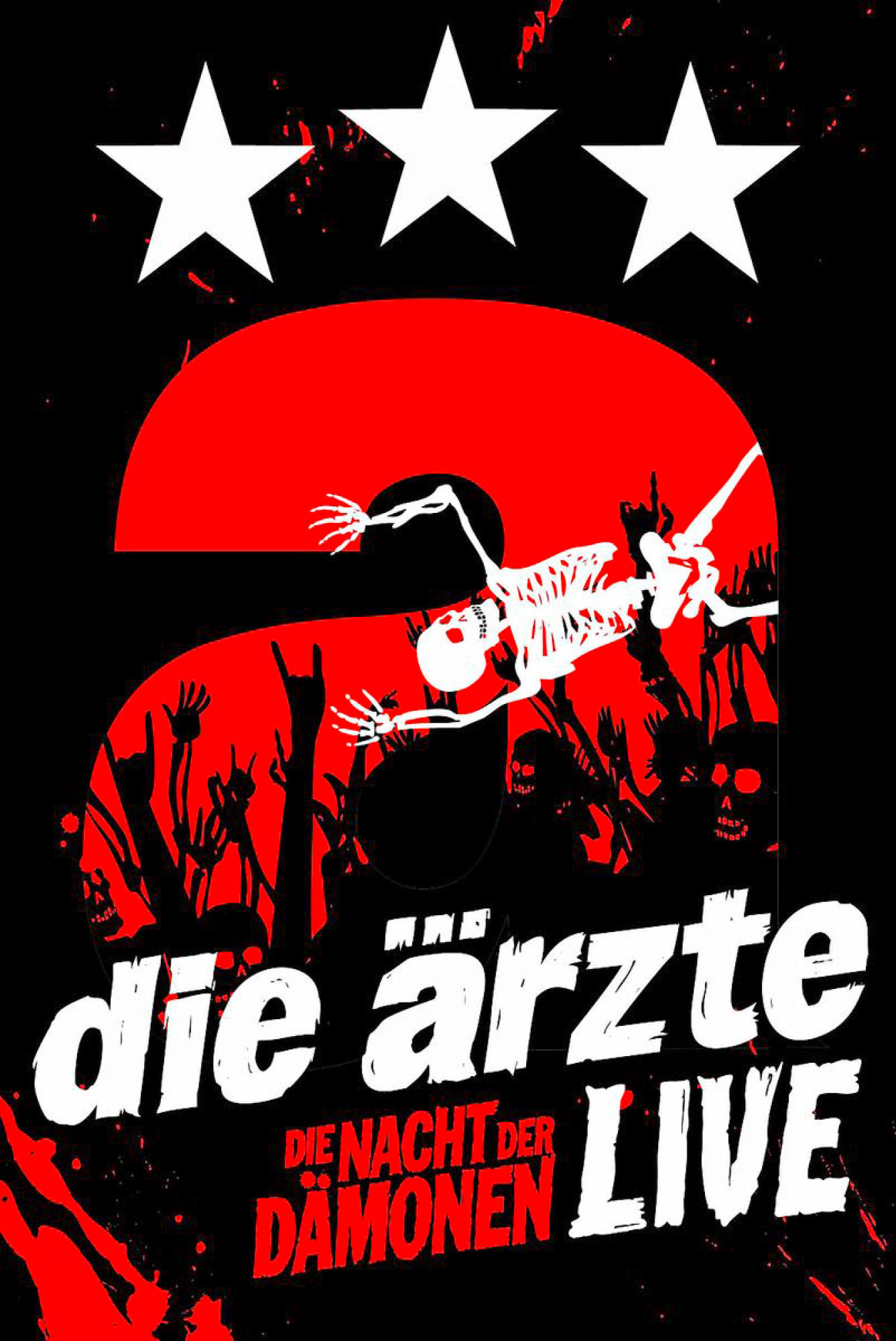 Poster für eine Live-Musikveranstaltung mit der Band Die Ärzte. Es zeigt ein Skelett und einen roten Hintergrund.