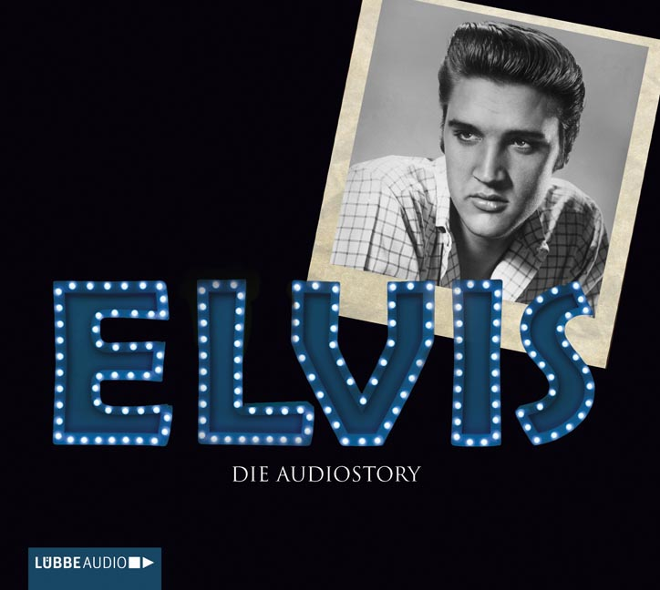 Elvis-Albumcover. Das Wort 'ELVIS' in blauem Neon, mit Elvis' Bild in einem Rahmen darüber.
