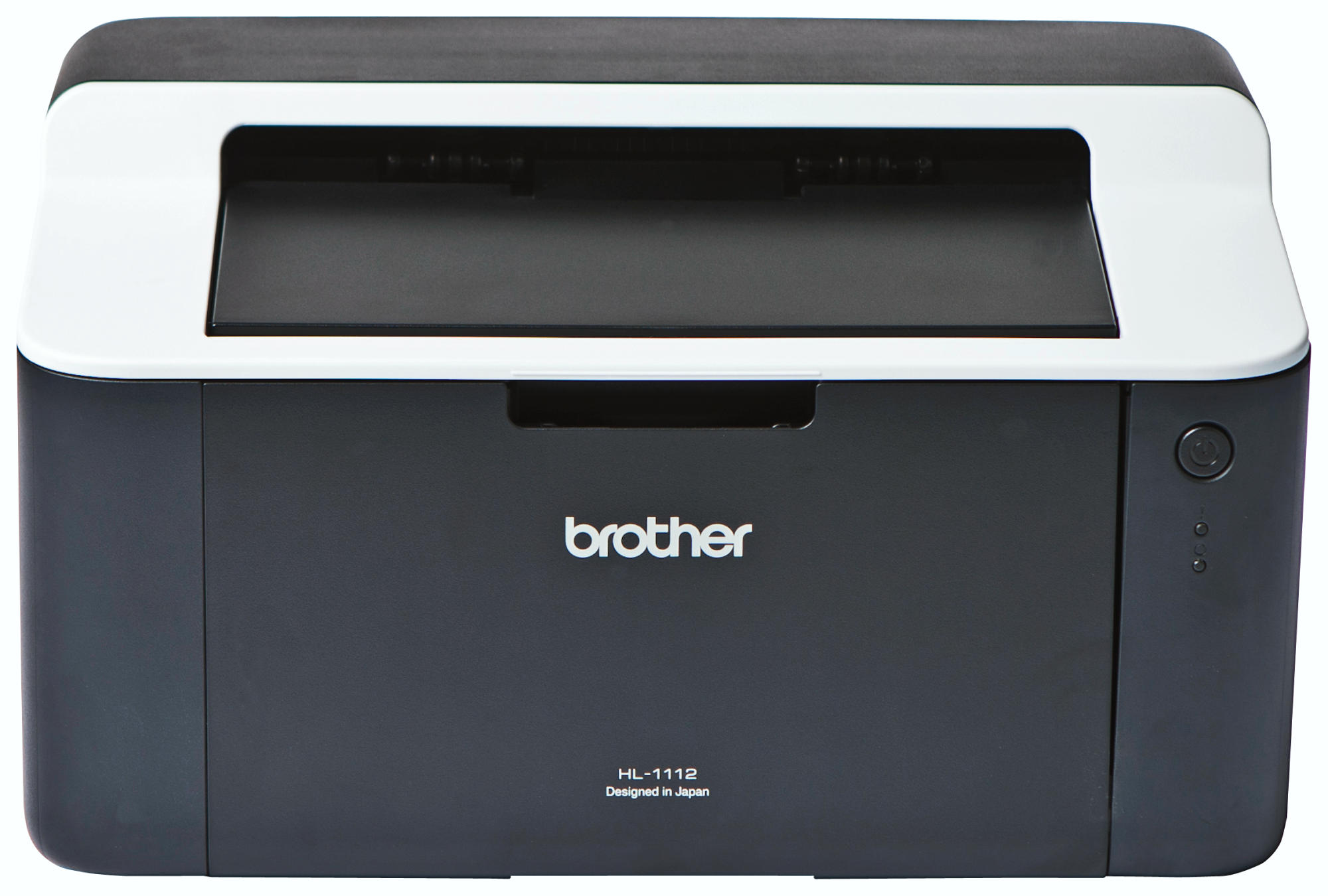 Drukarka Brother HL-1112, czarno-biała. Biała góra, czarny korpus, przycisk zasilania po prawej.