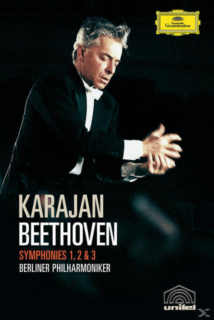Albumcover. Ein Mann im Anzug dirigiert ein Orchester. Text: Karajan Beethoven.