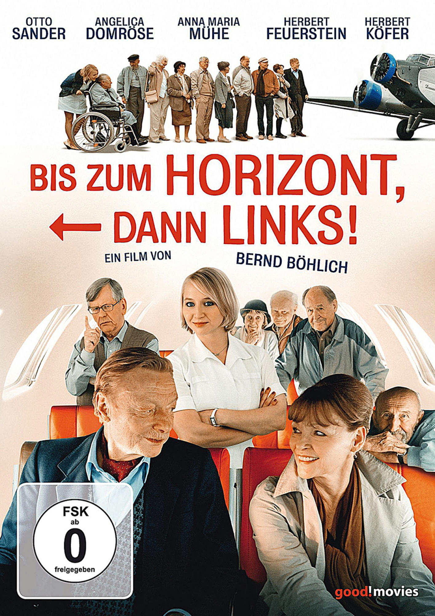 DVD-Cover mit älteren Menschen vor einem Flugzeug. Text auf Deutsch.