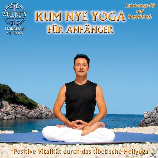 Mann in Yoga-Pose. Text sagt 'Kum Nye Yoga für Anfänger'. Es ist eine CD. Hintergrund enthält Text und Bild eines Ozeans.