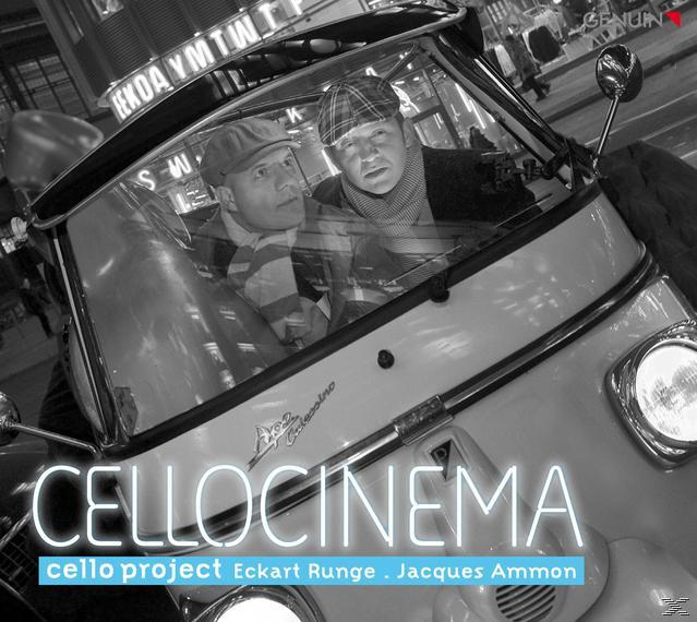 Schwarz-Weiß-CD-Cover: zwei Männer in einem Auto, Titel "CelloCinema".
