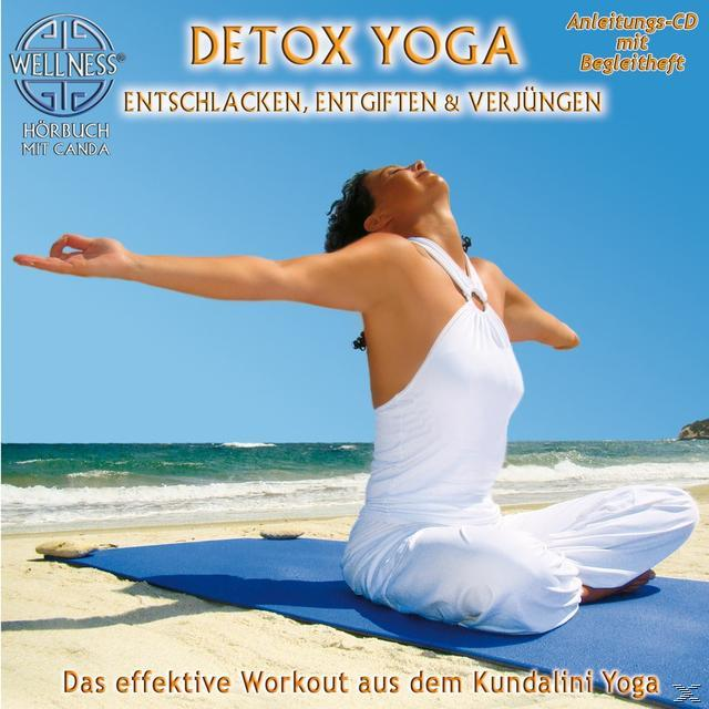 Yoga-Pose mit erhobenen Armen. Text: Detox Yoga. Hintergrund: blaue Matte, Text: Entschlacken, Entgiften & Verjüngen.