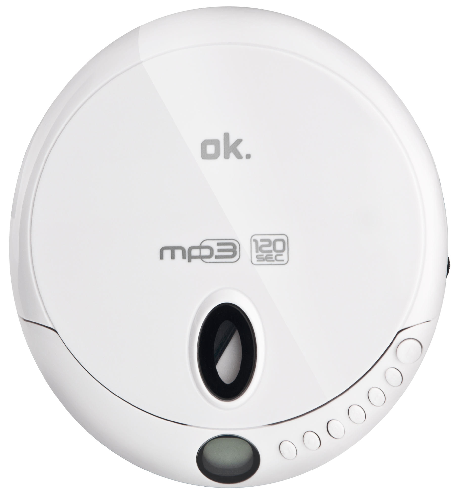 Reproductor de CD MP3 blanco y circular. Botones y una pequeña pantalla visibles.