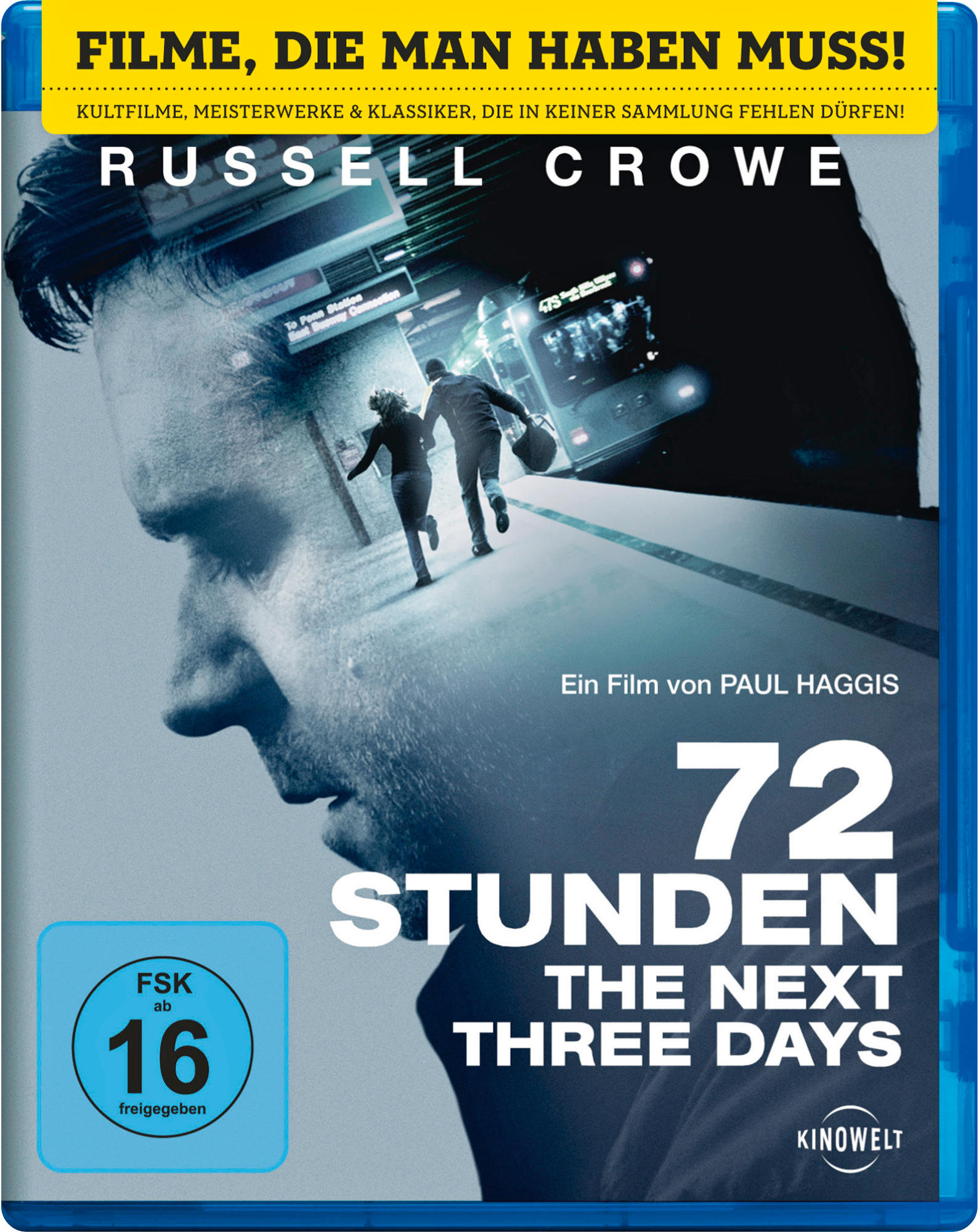 Blu-ray-Cover: 72 Stunden - The Next Three Days. Mann rennt, Frau im Hintergrund. Text: Russell Crowe.