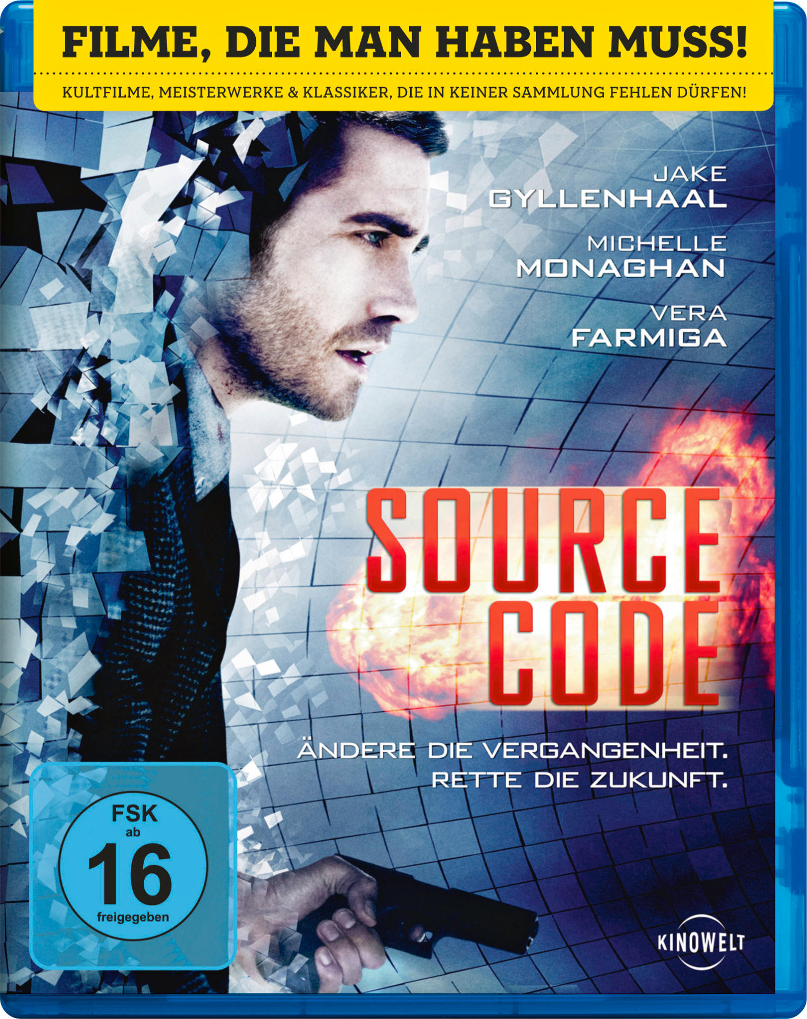 Filmposter für Source Code mit blauem Blu-ray-Case. Ein Mann blickt nach oben, feurige Explosion dahinter.
