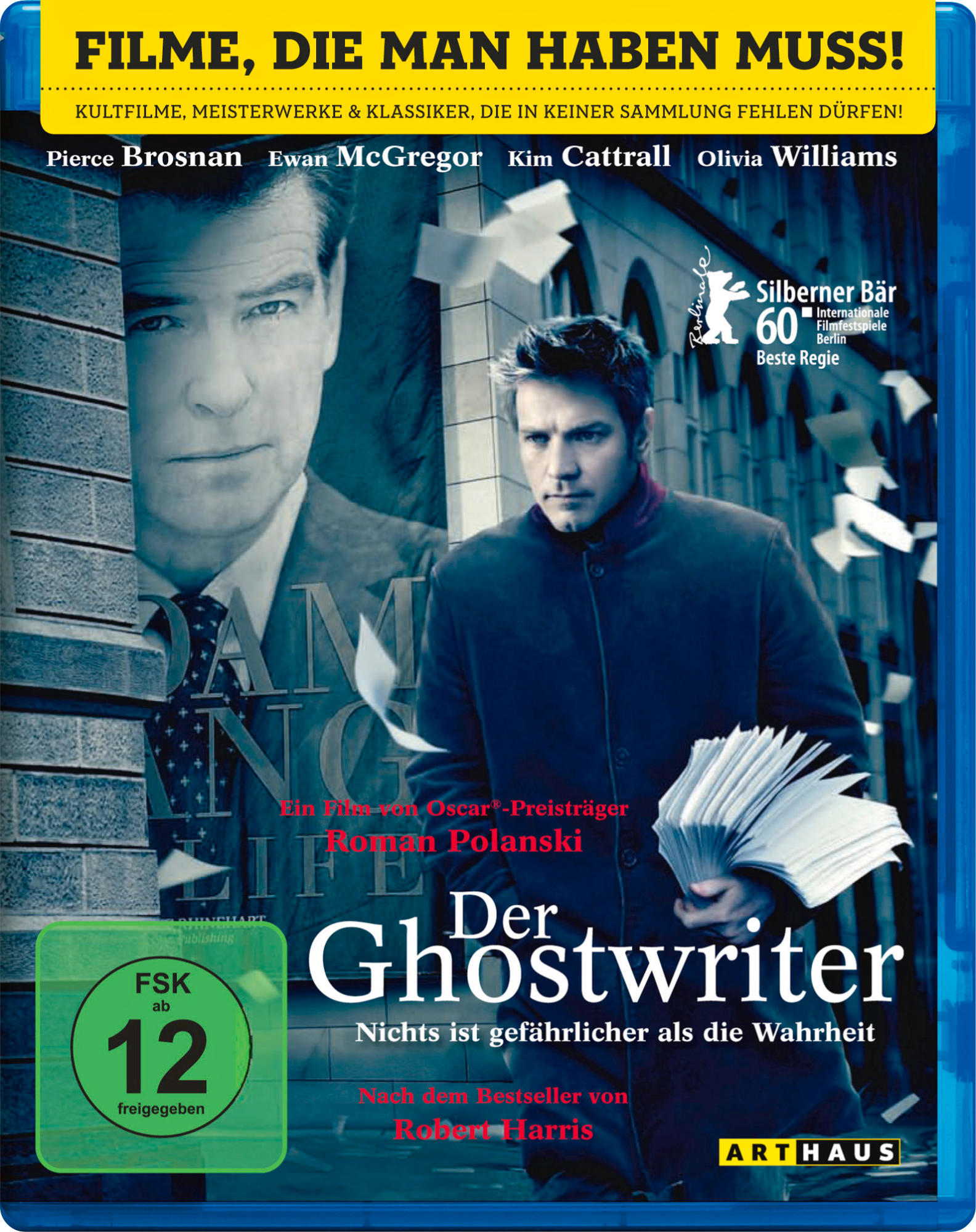 DVD-Cover mit Pierce Brosnan und Ewan McGregor. Titel: „Der Ghostwriter“. FSK 12.