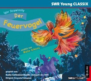 Albumcover mit einem Vogel, der über einer Szene fliegt, Text 'Der Feuervogel' und 'Igor Strawinsky'.