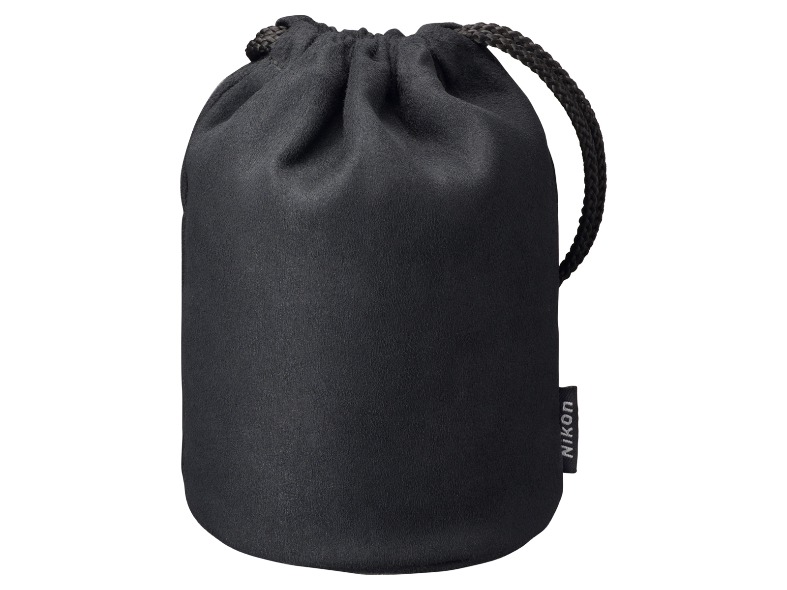 Schwarze Nikon-Objektivtasche, Kordelzug, schwarzer Hintergrund, Nikon-Logo.