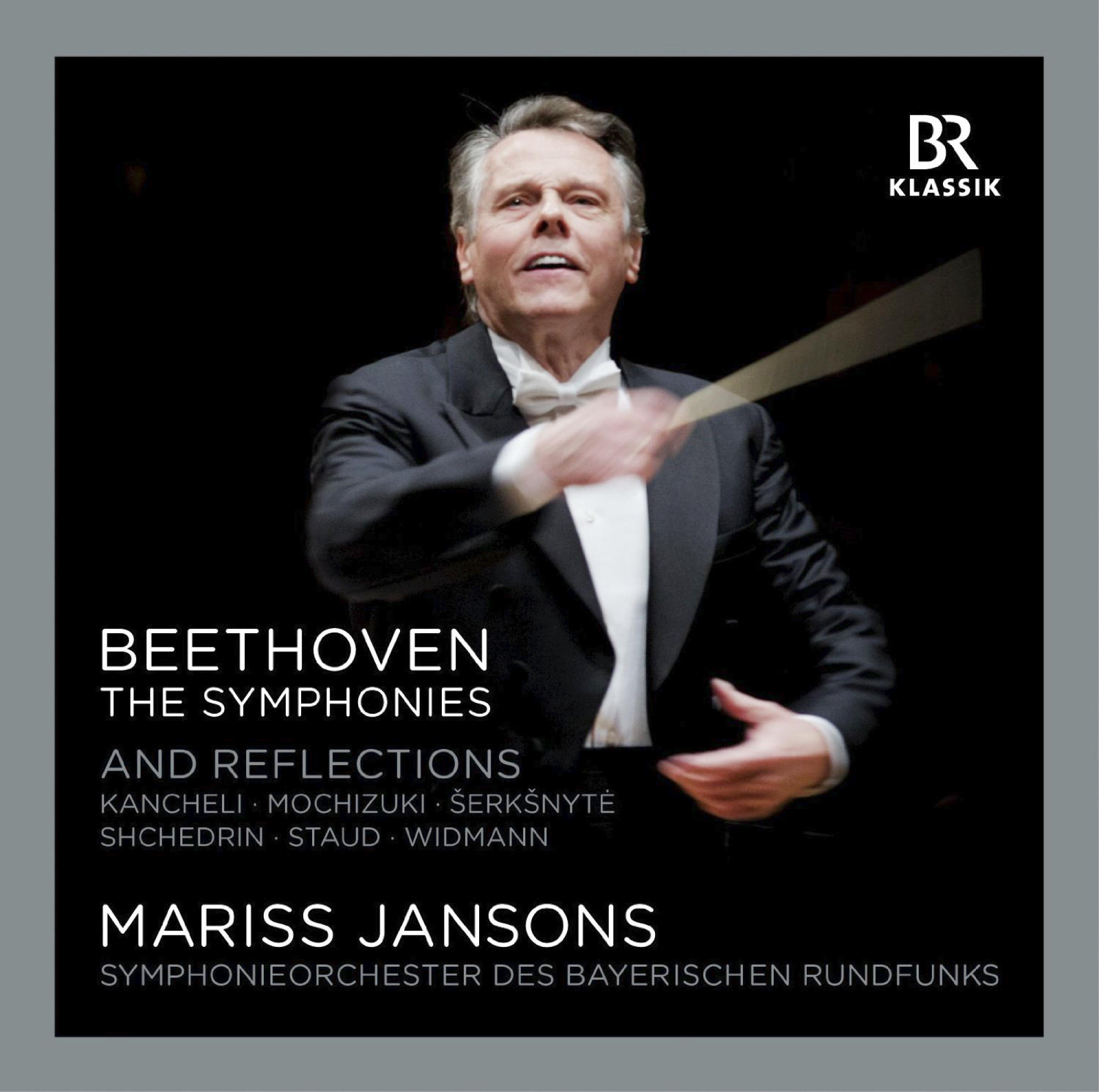 Albumcover: Dirigent im Smoking mit Taktstock. Text: Beethoven, The Symphonies, Mariss Jansons.