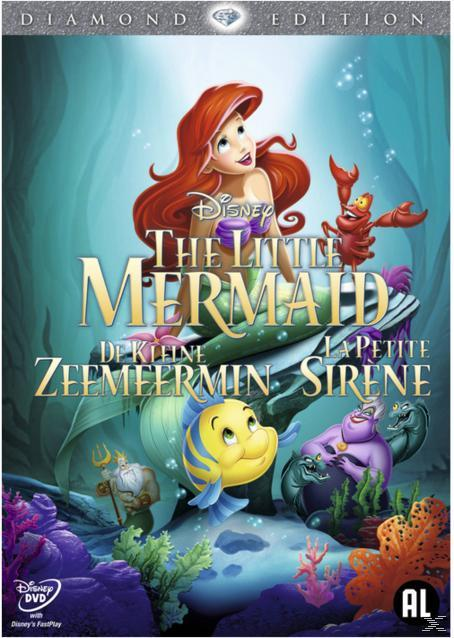 DVD-cover: De Kleine Zeemeermin. Ariel, een zeemeermin, staat op de cover met andere personages uit de film.