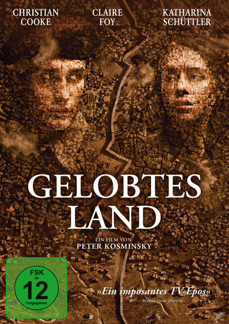 Filmplakat mit zwei Gesichtern, getrennt durch einen Riss, Titel 'GELOBTES LAND'.