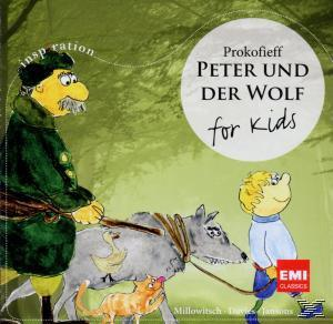 Ein Buchcover zeigt eine Karikatur eines Mannes, eines Wolfs und eines Jungen mit dem Titel 'Peter und der Wolf'.