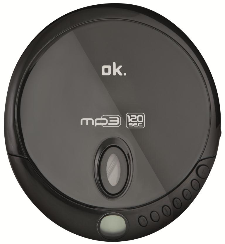 Lecteur mp3 rond noir avec écran et boutons, y compris un petit écran.