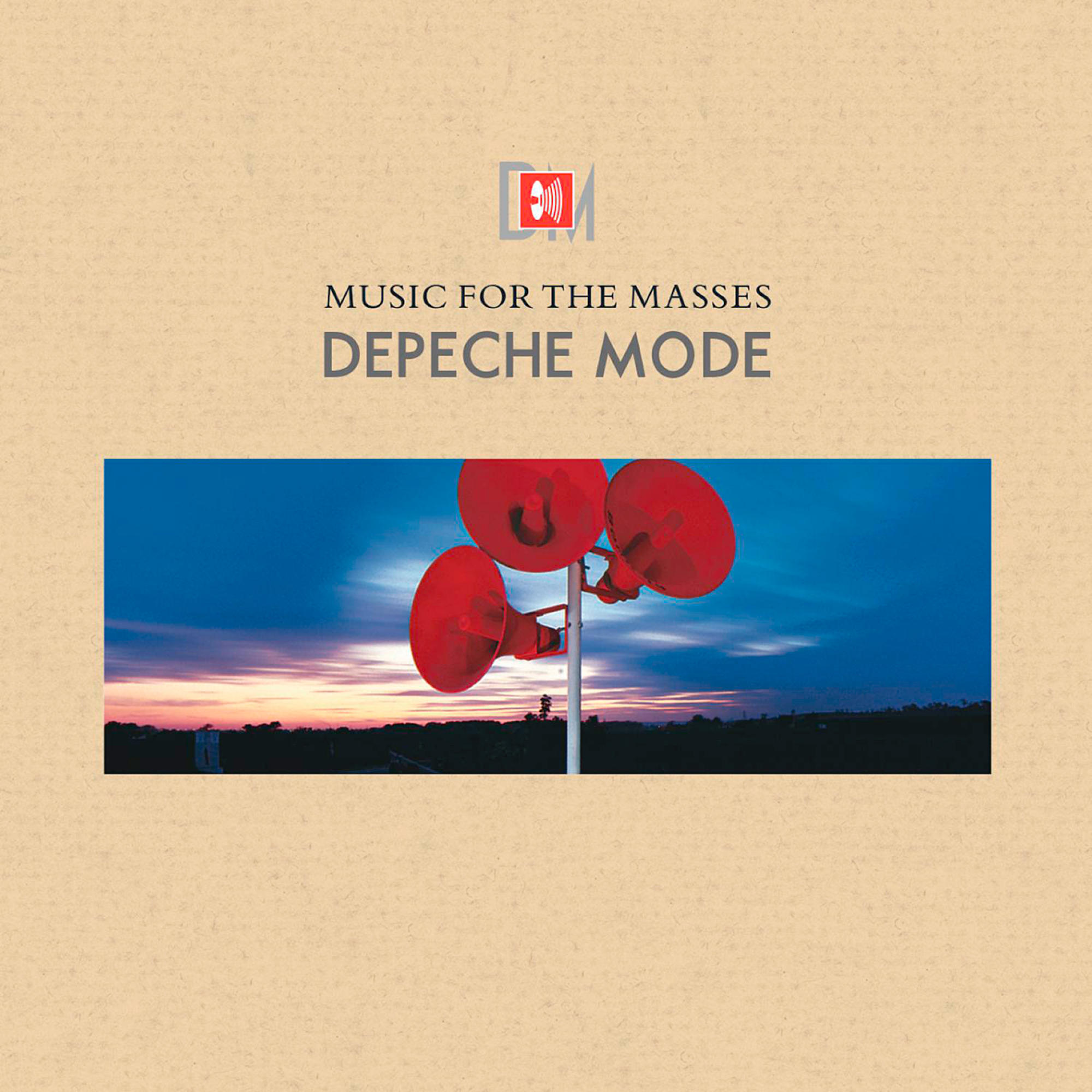 Albumcover: Rote Hörner vor Sonnenuntergang, mit Text "Music for the Masses" und "Depeche Mode".