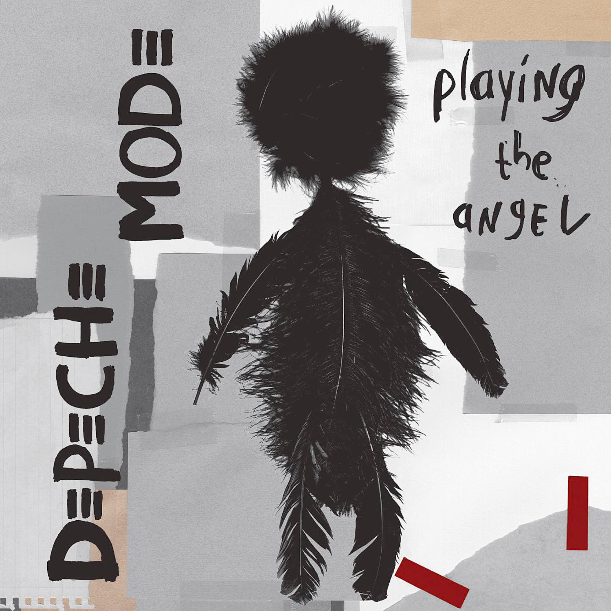 Albumcover mit einer schwarzen Federfigur. Titel: 'Playing the Angel' von Depeche Mode.