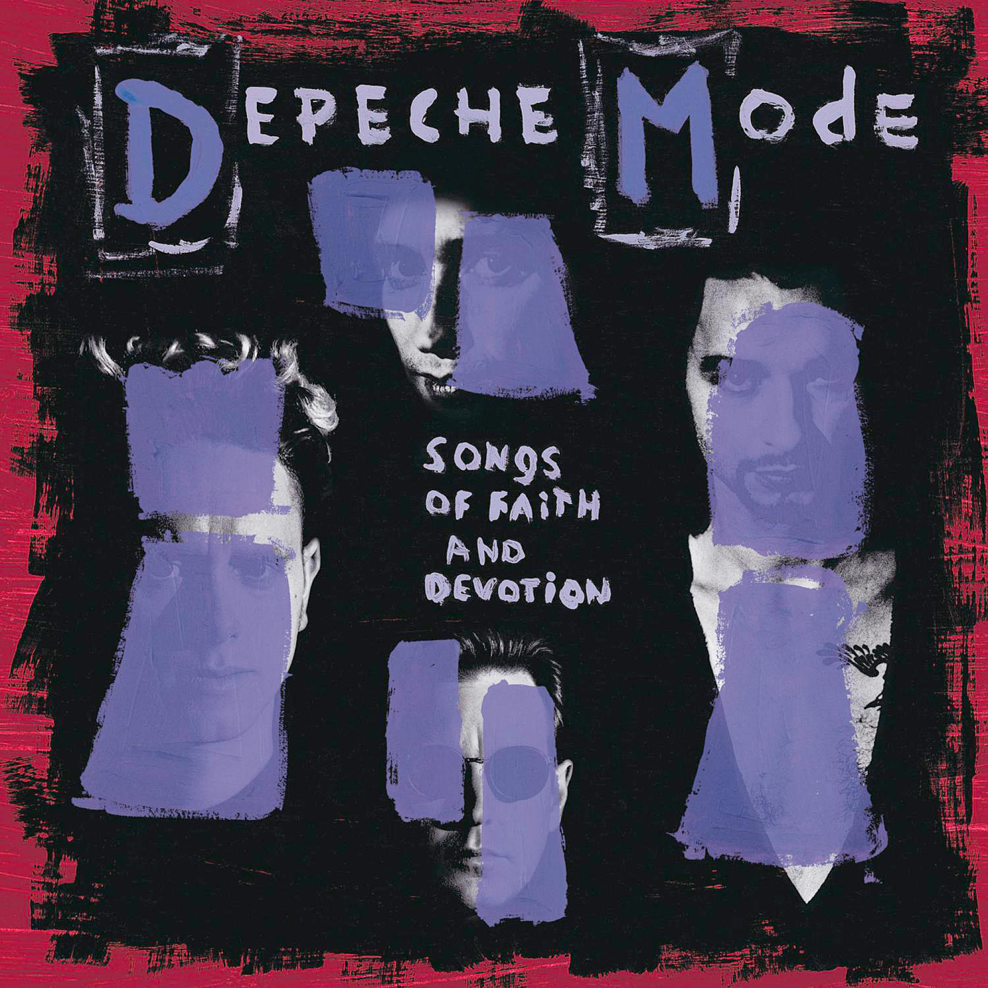 Albumcover zeigt Depeche Mode Mitglieder mit lilafarbenen Blöcken über Gesichtern, schwarzer Hintergrund.